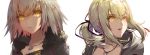 artoria_pendragon_(all) black_dress blonde_hair breasts commentary_request dress eyebrows_visible_through_hair fate/grand_order fate_(series) fur_trim green_eyes hair_tie jacket jeanne_d'arc_(alter)_(fate) jeanne_d'arc_(fate)_(all) jewelry multiple_girls necklace ponytail saber_alter saihate_(d3) sidelocks silver_hair turning_head wicked_dragon_witch_ver._shinjuku_1999 yellow_eyes 