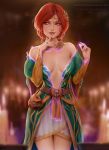  artist_name belt blurry braid breasts bridal_gauntlets candle cleavage daria_leonova depth_of_field dress finger_to_mouth green_eyes hair_ornament highres jewelry magic necklace patreon_username pouch red_hair side_braid solo the_witcher the_witcher_3 tiara triss_merigold 