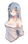  bangs bare_shoulders blunt_bangs blush breasts cleavage collarbone cropped_torso cross_hair_ornament eyebrows_visible_through_hair facial_mark frown girls_frontline green_eyes grey_shirt hair_ornament hk416_(girls_frontline) inniyik looking_at_viewer medium_breasts nose_blush off_shoulder shiny shiny_hair shirt silver_hair simple_background solo straight_hair tank_top teardrop tears upper_body white_background white_tank_top 