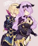 1girl ararecoa armor black_armor blonde_hair blush breasts brother_and_sister camilla_(fire_emblem_if) cleavage commentary_request crossed_arms fire_emblem fire_emblem_if gold_trim groin hair_over_one_eye large_breasts leon_(fire_emblem_if) lips long_hair panties purple_eyes purple_hair red_eyes siblings simple_background smile tiara underwear very_long_hair wavy_hair 
