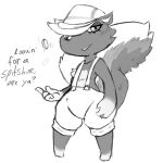  2017 animal_crossing anthro bangs bedroom_eyes chest_tuft clothed clothing coin digital_media_(artwork) dirty_talk english_text eyelashes flat_cap girly hair half-closed_eyes hat innuendo inviting kicks_(animal_crossing) looking_at_viewer male mammal monochrome nintendo overalls roy_mccloud seductive shorts simple_background skunk smile solo standing suggestive text thick_thighs topless tuft video_games wide_stance 