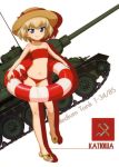  absurdres bangs bikini blonde_hair blue_eyes blunt_bangs brown_hat character_name collarbone eyebrows_visible_through_hair fang_out flat_chest full_body girls_und_panzer groin ground_vehicle hair_between_eyes hat hat_ribbon highres holding innertube katyusha leg_up military military_vehicle motor_vehicle navel official_art polka_dot_ribbon red_bikini red_ribbon ribbon sandals short_hair smile solo standing standing_on_one_leg straw_hat sun_hat swimsuit t-34-85 tank transparent white_background 