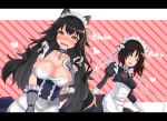  2girls :d alternate_costume animal_ears apron ashisi azur_lane bare_shoulders belfast_(azur_lane) belfast_(azur_lane)_(cosplay) black_dress black_hair blake_belladonna blue_dress blush breasts broken broken_chain cat_ears chain cleavage collar corset cosplay diagonal-striped_background diagonal_stripes dress dutch_angle elbow_gloves enmaided frilled_gloves frilled_sleeves frills gloves hand_on_own_chest heart highres juliet_sleeves large_breasts letterboxed long_hair long_sleeves looking_at_viewer maid maid_headdress medium_breasts multiple_girls open_mouth pink_background puffy_sleeves ruby_rose rwby sheffield_(azur_lane) sheffield_(azur_lane)_(cosplay) shiny shiny_hair short_hair silver_eyes sleeve_cuffs sleeveless smile sparkling_eyes striped striped_background very_long_hair waist_apron white_apron yellow_eyes 