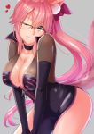  animal_ears bow breasts choker cleavage collarbone eyebrows_visible_through_hair fate/grand_order fate_(series) fox_ears fox_tail glasses grey_background hair_bow hair_ribbon heart highres large_breasts long_hair looking_at_viewer one_eye_closed pink_hair pink_ribbon ribbon simple_background skin_tight solo tail tamamo_(assassin)_(fate) tamamo_(fate)_(all) very_long_hair yano_misha yellow_eyes 