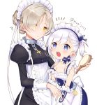  2girls ? azur_lane bangs bare_shoulders belchan_(azur_lane) belfast_(azur_lane) blue_eyes brush collar collarbone commentary_request cross dress eyes_visible_through_hair gloves hair_brush highres holding juliet_sleeves long_sleeves maid maid_headdress mugi_(iccomae) multiple_girls open_mouth parted_bangs platinum_blonde_hair puffy_sleeves round_teeth sheffield_(azur_lane) side_ponytail silver_hair simple_background strap_slip swept_bangs teeth tied_hair twitter_username underbust white_background white_gloves wrist_cuffs yellow_eyes younger 