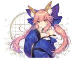  animal_ears bare_shoulders blue_kimono blush bow breasts cleavage closed_mouth detached_collar detached_sleeves eyebrows_visible_through_hair fate/extra fate_(series) fox_ears hair_bow hand_up japanese_clothes kimono large_bow long_hair long_sleeves looking_at_viewer medium_breasts pink_eyes purple_bow shiny shiny_hair sidelocks sleeves_past_wrists smile solo soriya tamamo_(fate)_(all) tamamo_no_mae_(fate) twintails upper_body v-shaped_eyebrows white_background wide_sleeves window yellow_eyes 