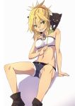  bangs bare_shoulders belt blonde_hair braid breasts cat covered_nipples denim denim_shorts eyebrows_visible_through_hair fate/apocrypha fate_(series) fu-ta green_eyes grin hair_between_eyes highres jewelry midriff mordred_(fate) mordred_(fate)_(all) navel necklace ponytail shorts sitting smile teeth v-shaped_eyebrows 
