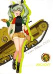  absurdres anchovy black_ribbon black_sweater brown_footwear carro_veloce_cv-33 character_name closed_eyes drill_hair eyebrows_visible_through_hair food girls_und_panzer green_hair grey_legwear ground_vehicle hair_between_eyes hair_ribbon highres holding holding_food italian_flag long_hair military military_vehicle motor_vehicle official_art open_mouth orange_shorts ribbon short_shorts shorts smile socks solo sweater tank twin_drills twintails white_background white_ribbon 