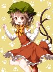  :d animal_ears bow brown_eyes brown_hair cat_ears cat_tail chen fang frilled_skirt frills hands_up hat highres jewelry juliet_sleeves long_sleeves looking_at_viewer mob_cap multiple_tails open_mouth paw_background puffy_sleeves red_skirt ruu_(tksymkw) short_hair simple_background single_earring skirt skirt_set smile solo tail tail_raised touhou two_tails yellow_background 