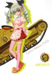 absurdres anchovy apron bangs black_ribbon brown_eyes carro_veloce_cv-33 character_name cookin drill_hair eyes full_body girls_und_panzer green_hair ground_vehicle hair_between_eyes hair_ribbon highres holding long_hair military military_vehicle miniskirt motor_vehicle official_art pink_apron pink_ribbon red_skirt ribbon skirt solo standing tank thighhighs twin_drills white_background white_legwear zettai_ryouiki 