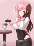  :t artist_name black_gloves bodysuit breasts brown_hair cleavage closed_eyes covered_navel cowboy_shot cropped_jacket cslucaris food gloves groin hand_on_own_face hips ice_cream long_hair medium_breasts multicolored_hair neo_(rwby) pink_background pink_hair rwby solo sparkle 