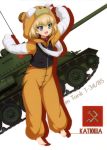  :d absurdres animal_costume animal_hood bandages barefoot black_jacket blonde_hair blue_eyes character_name eyebrows_visible_through_hair fang full_body girls_und_panzer ground_vehicle hair_between_eyes highres hood jacket katyusha military military_vehicle motor_vehicle official_art open_mouth outstretched_arms pajamas simple_background smile solo standing t-34-85 tank white_background 