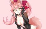  animal_ears arm_up bangs black-framed_eyewear black_choker black_leotard bow breasts choker cleavage closed_mouth collarbone eyebrows_visible_through_hair fate/grand_order fate_(series) fox_ears fox_girl fox_tail glasses hair_between_eyes hair_bow large_breasts leaning_forward leotard long_hair over-kneehighs partially_unzipped pink_background pink_hair ponytail red_bow shiao sidelocks simple_background smile solo tail tamamo_(assassin)_(fate) tamamo_(fate)_(all) thighhighs very_long_hair yellow_eyes 