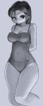  arms_behind_back bangs black_hair blush breasts cleavage closed_mouth collarbone covered_navel cowboy_shot expressionless gobori grey_background greyscale hair_between_eyes highres large_breasts long_hair looking_at_viewer monochrome one-piece_swimsuit original simple_background solo standing swimsuit thick_thighs thighs 