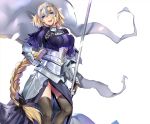  armor armored_dress blonde_hair braid capelet commentary_request fate/grand_order fate_(series) flag gauntlets headpiece highres jeanne_d'arc_(fate) jeanne_d'arc_(fate)_(all) long_braid long_hair marushin_(denwa0214) single_braid solo thighhighs very_long_hair 
