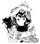  absurdres black_hair calligraphy_brush commentary fate/grand_order fate_(series) flower greyscale hair_flower hair_ornament hairpin highres japanese_clothes katsushika_hokusai_(fate/grand_order) kimono monochrome obi octopus paintbrush sash short_hair t-okada tokitarou_(fate/grand_order) white_background 