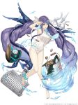  anklet blue_eyes breasts bucket clam covered_navel fins full_body hydrokinesis jewelry ji_no large_breasts long_hair ningyo_hime_(sinoalice) official_art one-piece_swimsuit polearm purple_hair scared school_swimsuit silver_trim sinoalice solo square_enix swimsuit taut_clothes towel trident very_long_hair water weapon white_background white_school_swimsuit white_swimsuit 