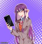  artist_name bespectacled black-framed_eyewear book closed_mouth commentary doki_doki_literature_club english_commentary expressionless glasses hair_between_eyes hair_tucking holding holding_book long_hair looking_away outline purple_background purple_eyes purple_hair rectangular_eyewear savi_(byakushimc) school_uniform simple_background solo upper_body very_long_hair white_outline yuri_(doki_doki_literature_club) 