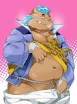  anthro boar bulge gouryou looking_at_viewer male mammal nikiciy overweight overweight_male porcine solo teasing tokyo_afterschool_summoners 