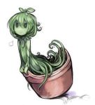  commentary_request dress green_dress green_hair green_skin idon leaf leaf_on_head looking_at_viewer monster_girl original plant_girl short_hair simple_background smile smug solo tentacles vase white_background 
