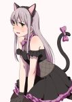  animal_ears arm_cuffs bang_dream! bangs black_dress black_gloves black_legwear blush bow cat_ears cat_tail dress embarrassed fake_animal_ears fang gloves grey_hair hair_between_eyes hairband long_hair minato_yukina murata_(igaratara) neck_ribbon pantyhose purple_bow purple_ribbon ribbon simple_background sitting solo sweatdrop tail tail_bow tail_raised yellow_eyes 