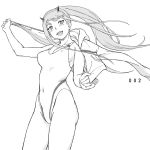  commentary_request competition_swimsuit cowboy_shot darling_in_the_franxx fukudahda greyscale hairband highleg highleg_swimsuit horns long_hair looking_at_viewer monochrome one-piece_swimsuit oni_horns ponytail solo straight_hair swimsuit towel white_hairband zero_two_(darling_in_the_franxx) 