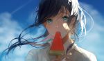  black_hair blue_eyes blurry blurry_background close-up cloud cloudy_sky day eating expressionless eyelashes face fingernails floating_hair food ice_cream long_hair mikuro_(396) original popsicle shirt sky solo sunlight upper_body watermelon_bar white_shirt 