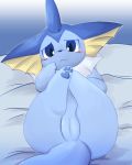  2018 bed_sheet bedding blue_body blush butt eeveelution female feral hi_res itameshi legs_up looking_at_viewer lying mammal nervous nintendo on_back pawpads paws pok&eacute;mon pok&eacute;mon_(species) pussy solo vaporeon video_games 