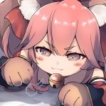  :3 absurdres animal_ear_fluff animal_ears bangs bare_shoulders bell blush_stickers bow brown_eyes chibi closed_mouth commentary detached_sleeves dyson_(edaokunnsaikouya) eyebrows_visible_through_hair fang fang_out fate/grand_order fate_(series) fox_ears fox_tail gloves hair_between_eyes hair_bow heart heart-shaped_pupils highres jingle_bell long_hair long_sleeves looking_at_viewer lying on_stomach paw_gloves paws pink_hair red_bow solo symbol-shaped_pupils tail tamamo_(fate)_(all) tamamo_cat_(fate) v-shaped_eyebrows wide_sleeves 