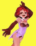  bare_legs blood breasts brooch cleavage collar cowboy_shot fangs gloves gobori hand_on_head highres jewelry leotard looking_at_viewer medium_breasts open_mouth original outstretched_arm red_eyes red_hair short_hair simple_background skindentation sleeveless smile solo tongue tongue_out vampire walking yellow_background 