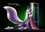  animal_ears closed_mouth detached_sleeves energy_drink fox_ears fox_tail highres japanese_clothes kazuki_seihou kimono kneeling long_hair looking_at_viewer looking_back monster_energy original silver_hair solo tabi tail tail_raised yellow_eyes 