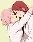  ^_^ bang_dream! bangs blush closed_eyes couple face-to-face forehead-to-forehead green_background green_neckwear grin hug long_hair long_sleeves low_twintails multiple_girls murata_(igaratara) necktie pink_hair red_hair shirt simple_background smile twintails udagawa_tomoe uehara_himari upper_body white_shirt yuri 