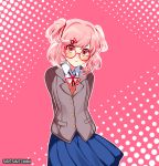  arms_behind_back artist_name bespectacled blue_skirt commentary doki_doki_literature_club english_commentary frown glasses looking_at_viewer medium_hair natsuki_(doki_doki_literature_club) outline pink_background pink_eyes pink_hair pleated_skirt red-framed_eyewear round_eyewear savi_(byakushimc) school_uniform simple_background skirt solo two_side_up white_outline 