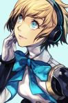  aegis_(persona) android blonde_hair blue_background blue_bow blue_hair blue_neckwear bow bowtie eyebrows_visible_through_hair face hand_on_own_face hankuri headphones looking_away parted_lips persona persona_3 persona_3:_dancing_moon_night persona_dancing robot_joints short_hair simple_background smile solo upper_body 
