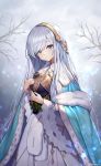  anastasia_(fate/grand_order) bangs blue_eyes cape crown doll dress eyebrows_visible_through_hair fate/grand_order fate_(series) hair_over_one_eye hairband highres holding holding_doll jewelry long_hair looking_at_viewer mini_crown pendant royal_robe silver_hair sky soha_(littlesummerpe) solo standing very_long_hair white_dress winter 