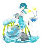  1girl araquanid blue_eyes blue_hair carrying chinchou highres kouri_(kyorosuukeeeeeee) looking_at_viewer looking_to_the_side pokemon pokemon_(game) pokemon_sm pot rock sailor_collar sandals shirt short_hair simple_background sleeveless sleeveless_shirt smile splashing standing standing_on_one_leg suiren_(pokemon) swimsuit swimsuit_under_clothes tiara water white_background 