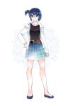  belt black_shirt blue_eyes blue_hair blue_legwear blue_skirt commentary commission contrapposto english_commentary glasses hand_on_hip highres labcoat one_side_up original peachpii red_cross round_eyewear shirt short_hair skirt smile socks solo standing syringe 