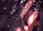  bare_shoulders black_dress black_hair breasts commentary_request dress expressionless flower fuu_kotora glowing glowing_eyes long_hair looking_away marble multicolored multicolored_eyes original petals pink_eyes purple_eyes sleeveless sleeveless_dress solo sparkle sunlight white_flower 