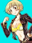  bangs belt belt_buckle bikini_top black_belt black_jacket blonde_hair blue_background blush breasts buckle closed_mouth collarbone dutch_angle earrings fukuda_noriko hand_on_hip hand_up idolmaster idolmaster_million_live! jacket jewelry large_breasts long_sleeves looking_at_viewer midriff mushiki_k navel open_clothes open_jacket orange_eyes short_hair simple_background smile solo star star_earrings stomach v-shaped_eyebrows yellow_bikini_top 