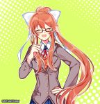  :d ^_^ artist_name bespectacled black-framed_eyewear blue_skirt closed_eyes commentary doki_doki_literature_club english_commentary eyebrows_visible_through_hair facing_viewer glasses green_background hair_ribbon hand_on_hip hand_up index_finger_raised long_hair long_sleeves monika_(doki_doki_literature_club) open_mouth outline ponytail rectangular_eyewear ribbon savi_(byakushimc) school_uniform semi-rimless_eyewear simple_background skirt smile solo under-rim_eyewear upper_body very_long_hair white_outline white_ribbon 