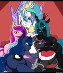  2018 black_hair butt cape chair clothing crossgender crown cutie_mark droll3 equine female feral friendship_is_magic fur green_hair hair horn horse king_sombra_(mlp) male mammal multicolored_hair my_little_pony open_mouth pillow pony princess_cadance_(mlp) princess_celestia_(mlp) princess_luna_(mlp) queen_chrysalis_(mlp) red_background shining_armor_(mlp) simple_background smile throne tongue tongue_out unicorn 
