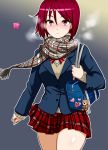  blazer blush breasts breath commentary curvy highres jacket large_breasts okyou pleated_skirt plump red_eyes red_hair scarf school_uniform short_hair skirt solo the_king_of_fighters thighs whip_(kof) 