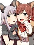  :o ;3 ;d animal_ears arm_around_shoulder bandana bang_dream! bangs blush brown_hair cat_ears cheek-to-cheek collar fur-trimmed_sleeves fur_trim gloves grey_eyes grey_hair half_updo hands_up imai_lisa long_sleeves minato_yukina multiple_girls murata_(igaratara) one_eye_closed open_mouth paw_gloves paws purple_collar red_bandana short_over_long_sleeves short_sleeves smile sweatdrop upper_body yellow_eyes 