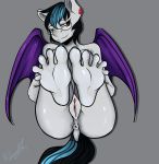  anthro anus artsenravenbrave barefoot bat_pony butt clitoris ear_piercing equine eyewear fan_character feet female foot_focus glasses grey_background hair hi_res horse looking_at_viewer mammal membranous_wings my_little_pony nude orange_eyes piercing plantigrade pony presenting pussy simple_background smile soles solo watermark wings 