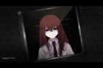  absurdres artist_name bangs character_name collared_shirt copyright_name dutch_angle grey_jacket hair_between_eyes highres jacket lawnielle letterboxed long_hair looking_at_viewer makise_kurisu open_clothes open_jacket pale_skin purple_eyes red_hair screen shirt solo steins;gate white_shirt wing_collar 