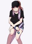  :3 backpack backpack_removed bag bang_dream! baseball_cap black_hat black_shirt bracelet brown_hair character_print denim denim_shorts glowstick grey_background grey_eyes group_name hair_between_eyes hat holding imai_lisa jewelry leaning merchandise minato_yukina murata_(igaratara) ponytail shirt short_sleeves shorts sidelocks sitting solo t-shirt towel towel_around_neck 