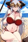  aliza_(granblue_fantasy) arm_warmers artist_name astraea_(atelierastraea) beach bikini bow breasts cleavage commentary draph finger_to_mouth forehead_protector granblue_fantasy hair_bow highres horns huge_breasts long_hair navel ocean red_bikini red_bow red_eyes silver_hair sitting solo swimsuit watermark web_address 