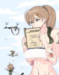  :d a-4_skyhawk ahoge anger_vein bare_shoulders battle_rifle blue_sky book breasts ch-47_chinook closed_mouth commentary covered_nipples gun hair_ornament hairclip highres holding holding_book intrepid_(kantai_collection) jewelry kantai_collection kilroylw large_breasts m14 navel open_mouth outdoors ponytail reading rifle ring sh-3_seaking sky smile sparkle sweat tattoo uh-1_iroquois underboob vietnam_war weapon wedding_band 
