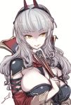  breasts carmilla_(fate/grand_order) cleavage closed_fan commentary_request fan fate/grand_order fate_(series) fingernails folding_fan fue_(rhomphair) grey_hair hair_over_eyes holding holding_fan horns large_breasts long_fingernails long_hair looking_at_viewer shaded_face silver_hair smile solo supportasse upper_body 