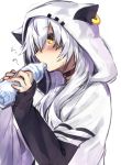  ? animal_ears animal_hood azuma_lim azuma_lim_channel bangs blush bottle brown_eyes cat_ears cat_hood choker daifukumochi_(akaaokiiwo) ear_piercing eyebrows_visible_through_hair hair_between_eyes highres holding holding_bottle hood hood_up hoodie long_hair long_sleeves piercing red_choker silver_hair simple_background sleeves_past_wrists solo sweat virtual_youtuber water_bottle white_background white_hoodie 